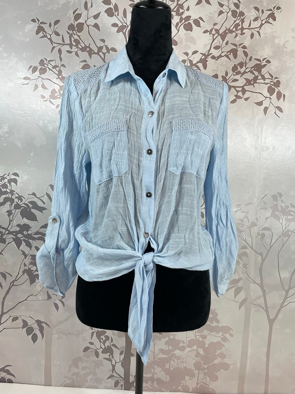 IN Studio Tie Front Light Blue Button Down Shirt Top M Crochet Yoke Pastel